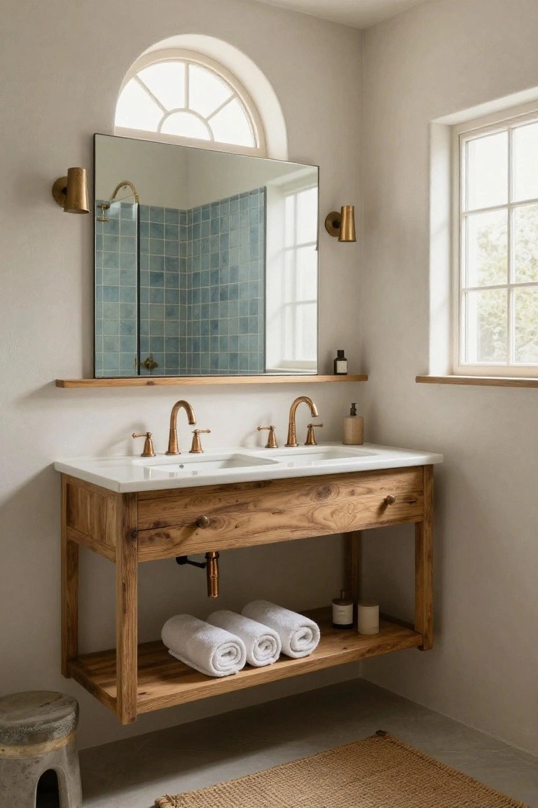 Bathroom with floating wooden vanity, double white sinks, brass faucets, teal subway tile shower corner, large mirror, arched window, and wall sconces.