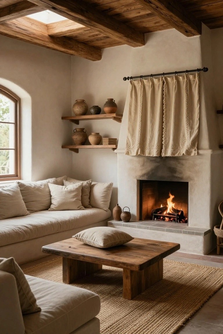 Living room interior with exposed dark wooden ceiling beams, white stucco walls, built-in fireplace with burning logs, beige linen sofa and pillows, low wooden coffee table, seagrass rug, arched window, and shelves holding terracotta pottery.
