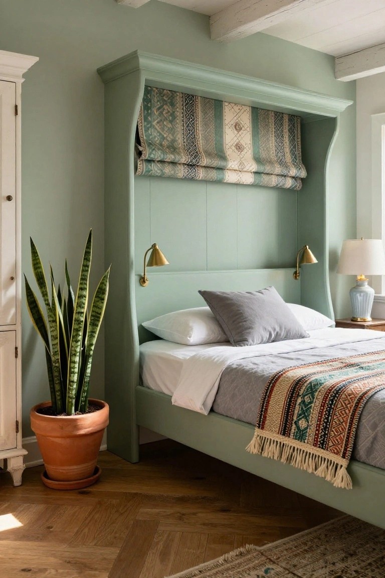 Sage green arched built-in headboard with patterned folded roman shade, flanked by gold sconces and white wardrobe, bed with white sheets gray pillow and woven throw, tall snake plant in terracotta pot, parquet wood floor, in a bedroom.