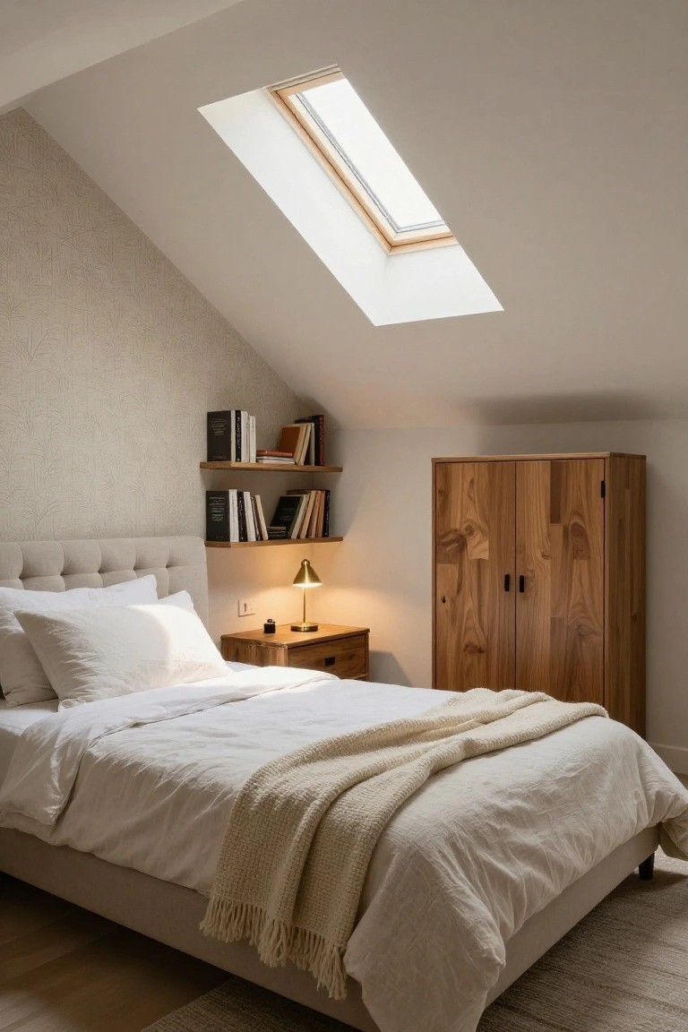 Attic bedroom with sloped white ceiling and skylight, upholstered bed with white sheets and knit throw, wooden wardrobe, wall bookshelves, and bedside lamp on wood nightstand.