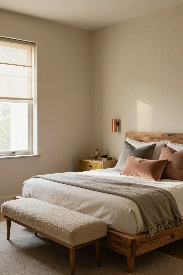 Beige bedroom with wooden platform bed, white linens, gray throw, gray and pink velvet pillows, wooden nightstand, copper sconce, white bouclé bench on wood legs at bed foot, and window with shades.