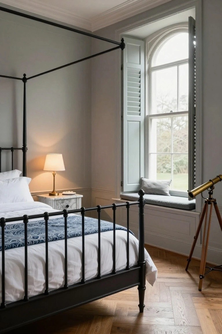 Bedroom interior with black iron four-poster bed draped in white linens and blue throw, marble bedside table with lamp, window with open shutters and seat holding telescope, pale gray walls, and herringbone wood floor.