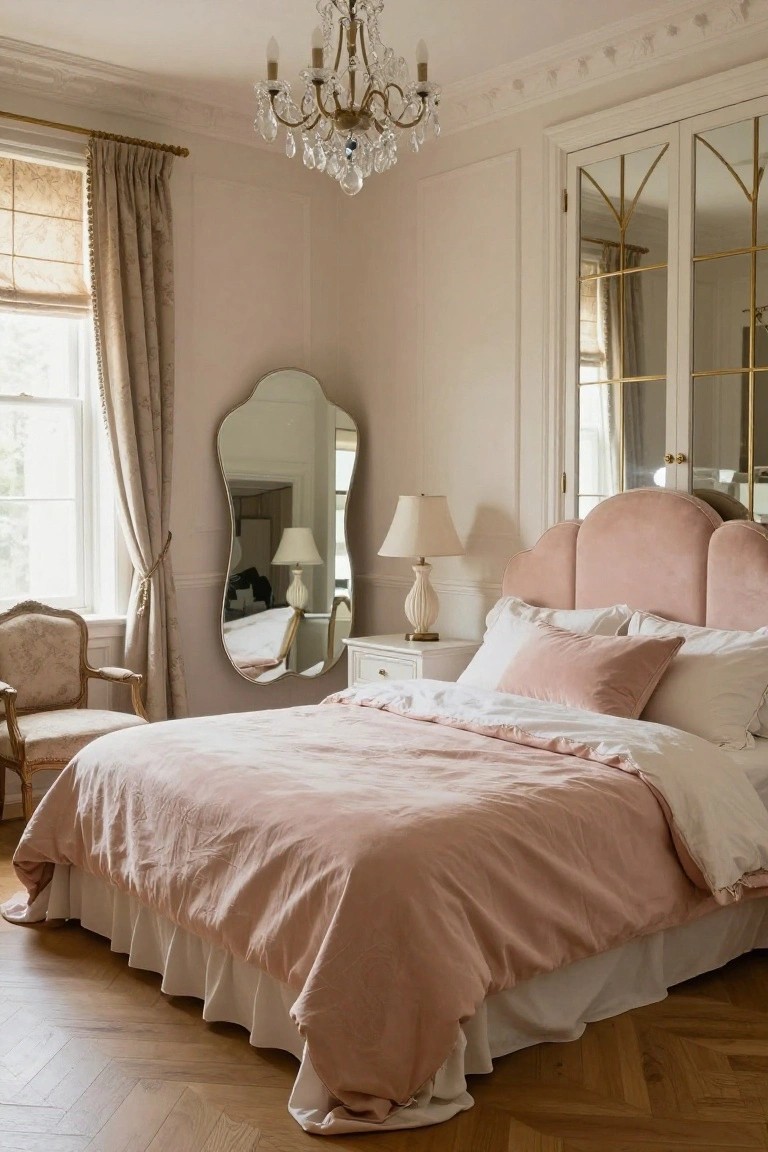 A bedroom interior with a blush pink velvet bed featuring a scalloped headboard, flanked by nightstands with lamps, a large arched mirror, gold-accented wardrobe doors, chandelier overhead, beige walls, and parquet flooring.