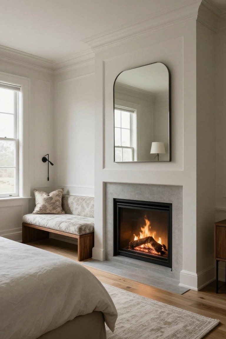 Bedroom corner with lit gas fireplace, wooden bench with beige patterned cushions and pillows beside it, tall arched black-framed mirror on white paneled wall, and edge of bed in foreground.