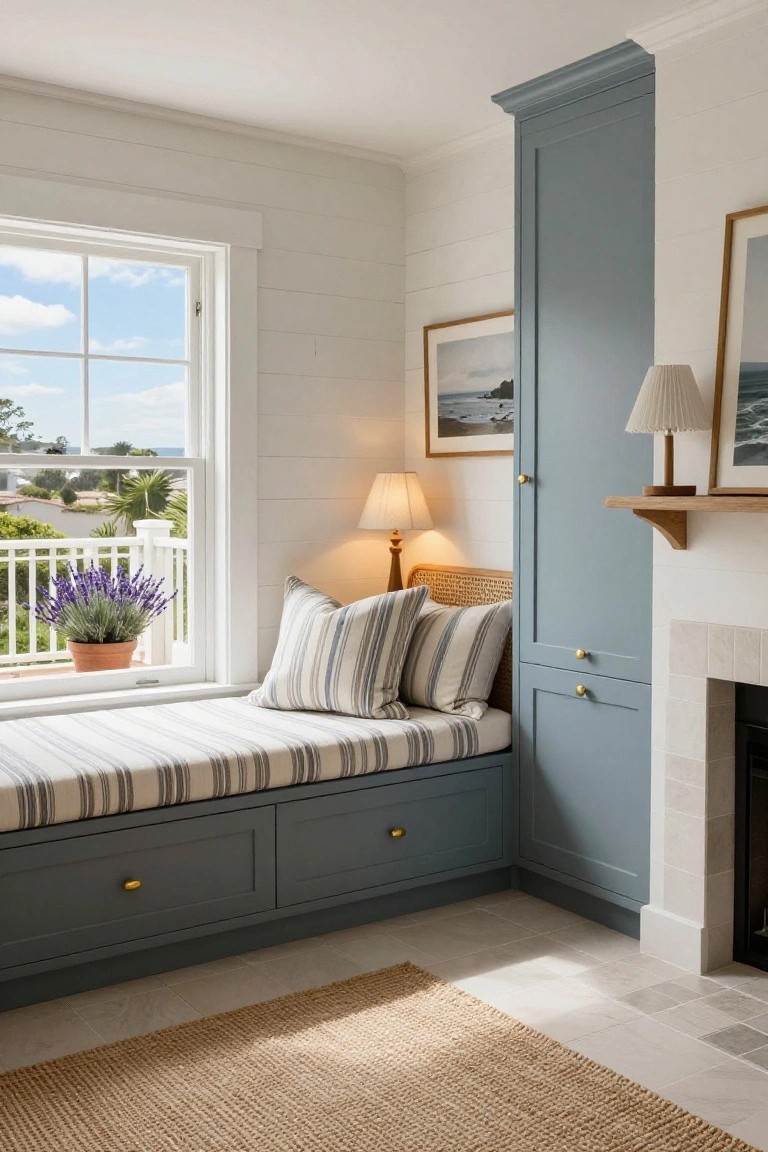 Corner window seat with blue built-in cabinets and drawers, striped cushions, two lamps, framed art, and a brick fireplace in a white shiplap room with garden view.