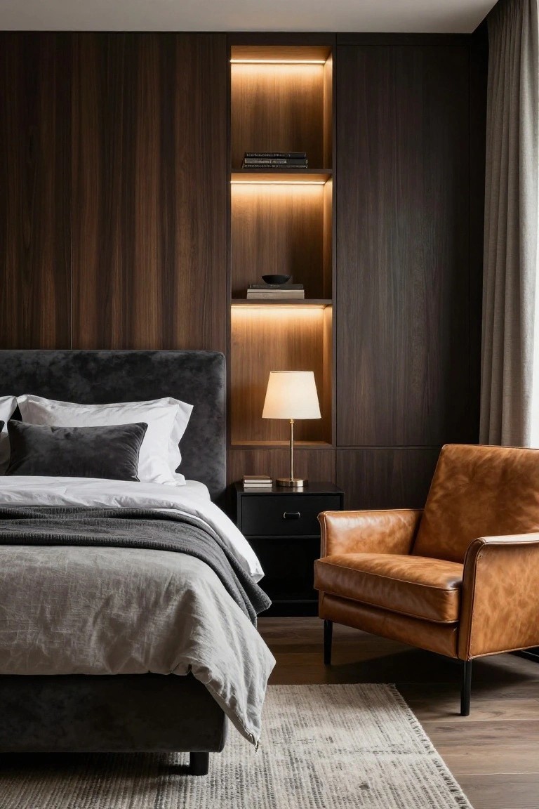 A bedroom with dark vertical wood paneling on one wall featuring three recessed shelves with backlit LED strips, gray upholstered bed with white and gray linens, black nightstand with lamp, tan leather armchair, and light gray rug on hardwood floor.