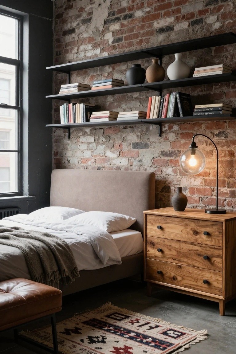 Bedroom with exposed brick accent wall, black metal floating shelves holding books and pottery, beige upholstered bed with white sheets and gray throw, wooden nightstand, black lamp, leather bench, and patterned rug on concrete floor.