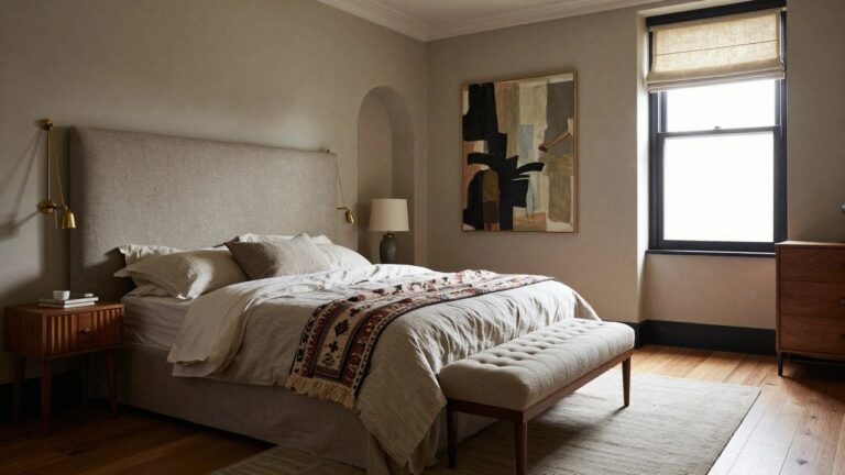 Bedroom corner with beige upholstered bed dressed in white sheets, beige pillows and duvet, patterned throw, flanked by wooden nightstands, gold lamps, arched wall niche with abstract painting, wooden bench, dresser, and window with light-filtering shades on oak floors.