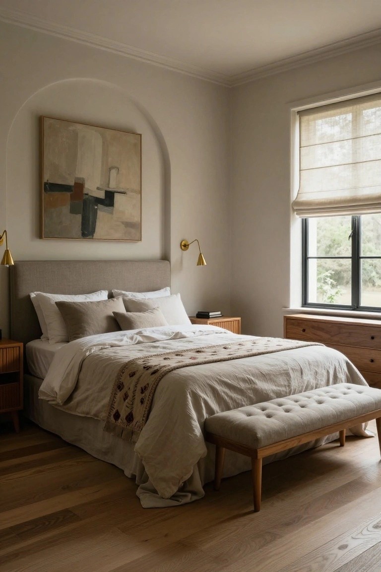 Bedroom corner with beige upholstered bed dressed in white sheets, beige pillows and duvet, patterned throw, flanked by wooden nightstands, gold lamps, arched wall niche with abstract painting, wooden bench, dresser, and window with light-filtering shades on oak floors.