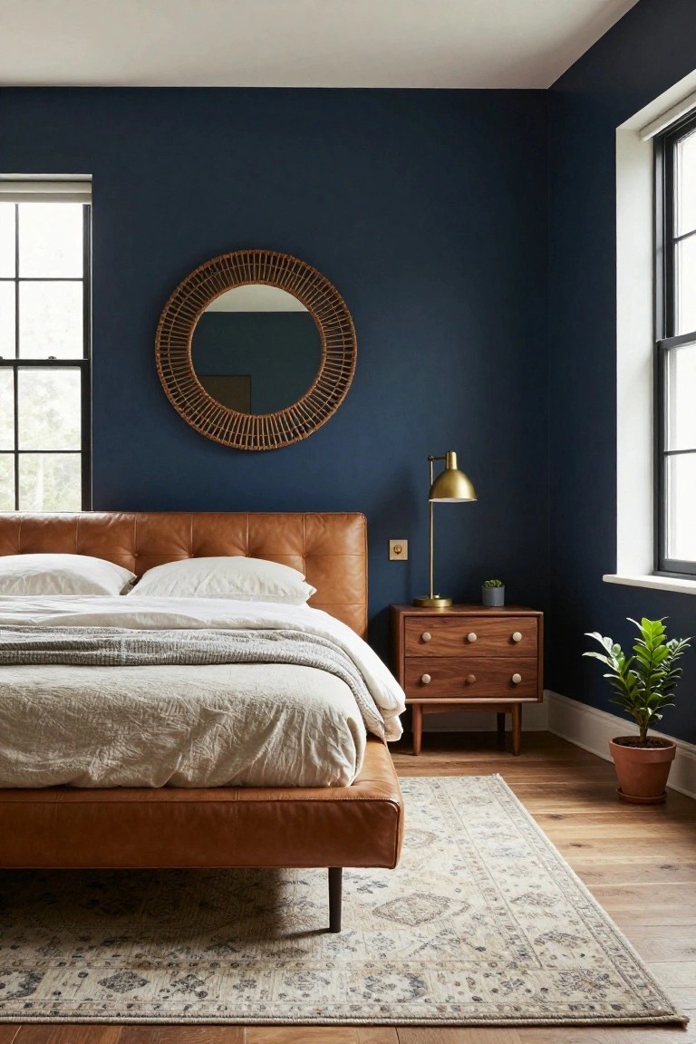 Bedroom with dark navy walls, tan leather platform bed with white linens, wooden nightstand holding a gold lamp and plant, rattan mirror, potted plant, and beige rug on hardwood floors.