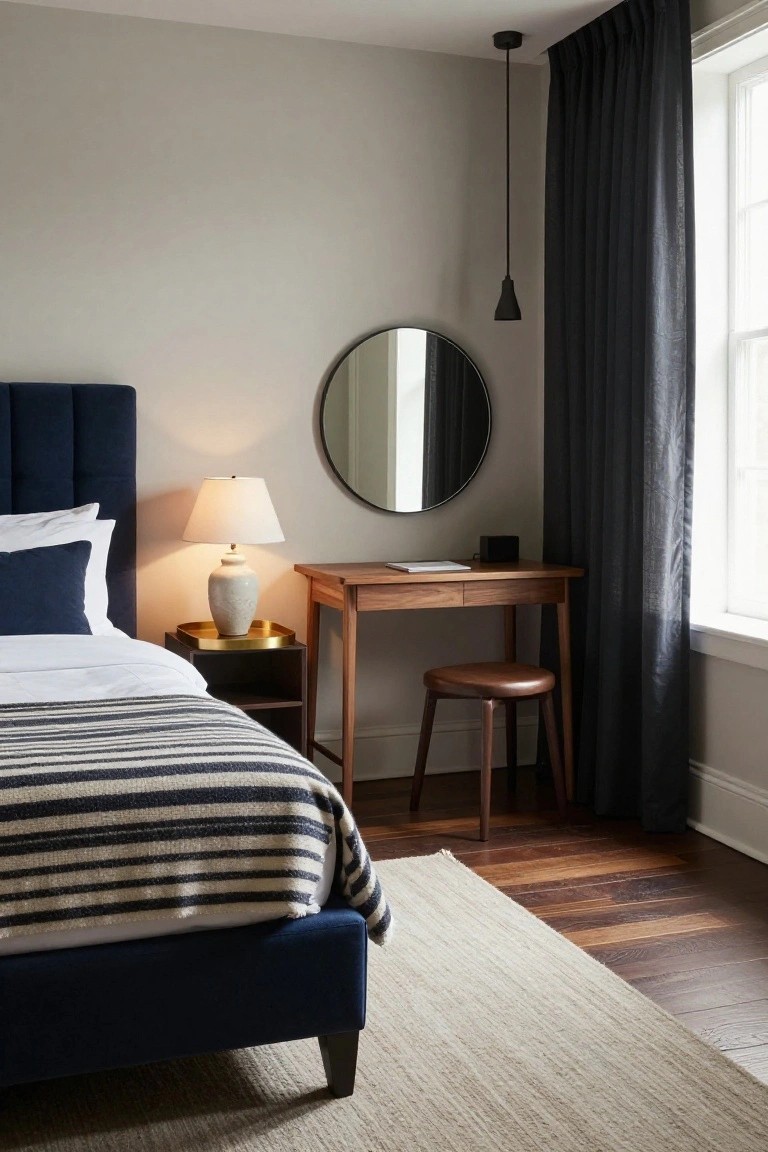 Bedroom with navy blue velvet upholstered headboard on bed with white sheets, striped gray blanket, pillows, bedside table and lamp, wooden desk with stool and lamp, round mirror, pendant light, dark curtains on window, light gray walls, wood floor, and neutral rug.