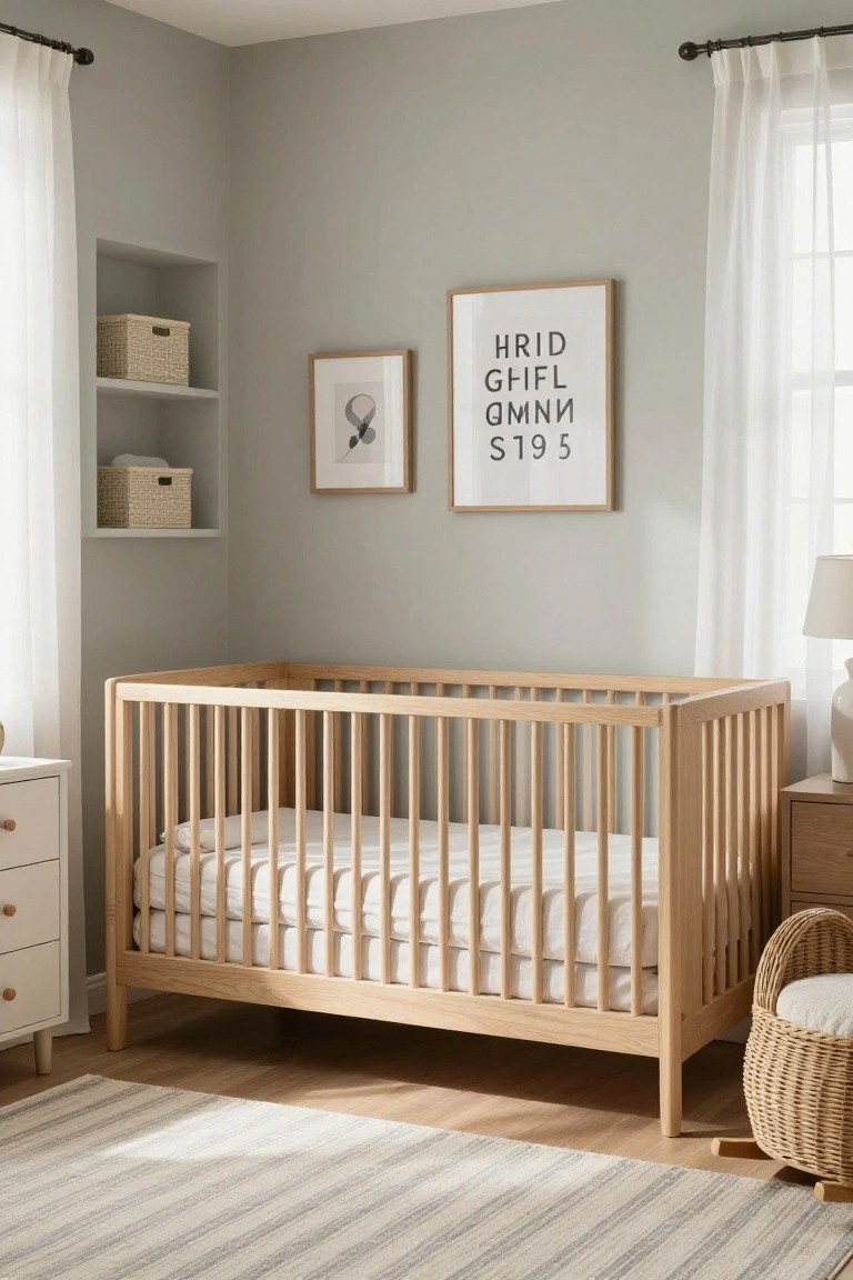 A nursery corner with light oak crib, soft gray walls, white sheer curtains, built-in shelves with wicker baskets, framed artwork, white dresser, and striped area rug on wood floor.