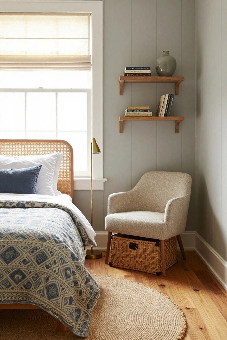 Corner view of a bedroom with rattan headboard bed covered in white sheets and blue patterned quilt, cream upholstered armchair with wicker basket storage underneath, wooden wall shelves holding books and gray vase, brass floor lamp, near window with beige shades, on hardwood floors with round jute rug.