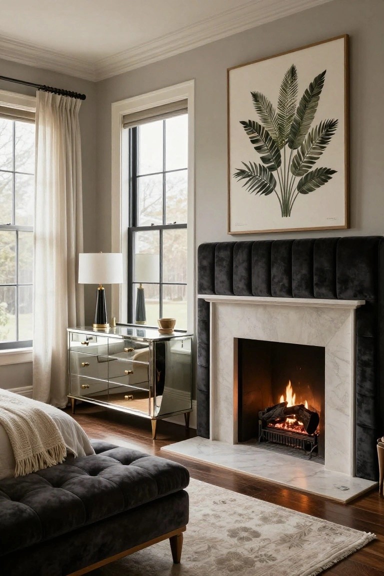 Bedroom with black tufted velvet fireplace surround over white marble mantel and hearth with burning logs, brass-accented mirrored dresser, tufted bench, bed with throw, and windows with sheer curtains.