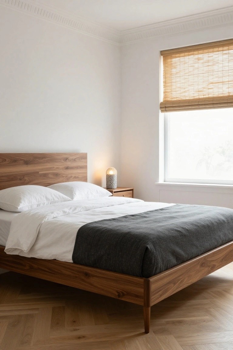 Bedroom interior featuring a low walnut wood bed frame with white linens and gray throw, two pillows, bedside table with stone lamp, bamboo shades on window, white walls, and herringbone parquet floor.