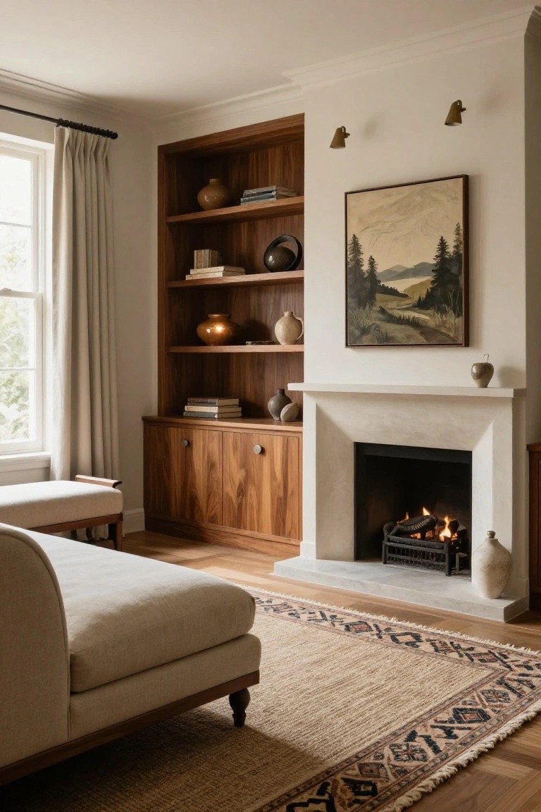 Interior room corner with walnut built-in bookshelves and cabinets flanking a white fireplace with fire lit, beige sofa and ottoman nearby, neutral rug on wood floors, and window with cream curtains.