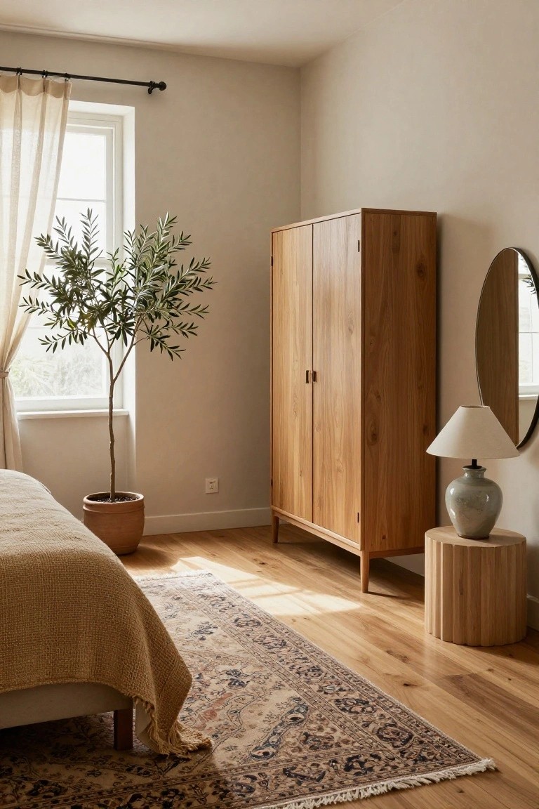 Bedroom corner with beige walls, tall wooden wardrobe, potted olive tree by the window with sheer curtains, round mirror, ceramic lamp on tree-trunk stool, mustard bed throw, and patterned rug on light wood floors.
