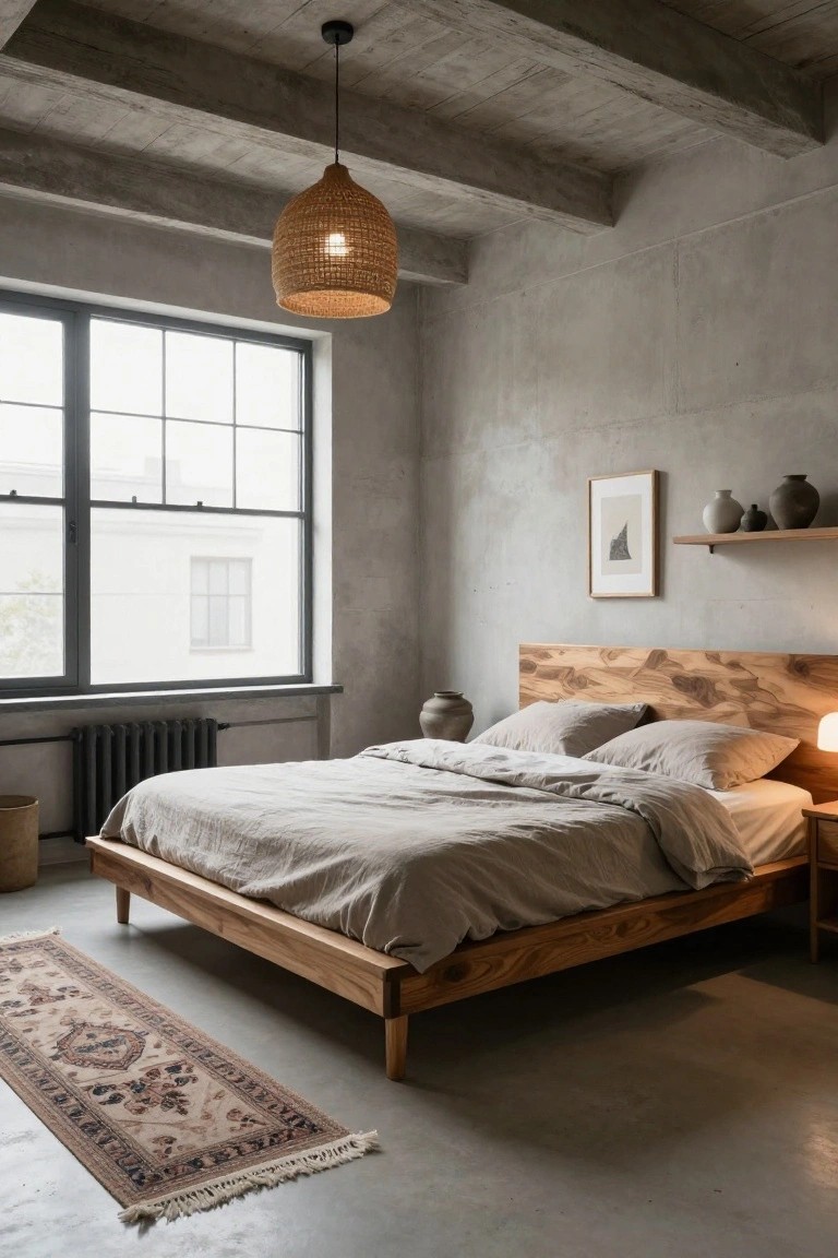 Bedroom with exposed concrete walls and ceiling, wooden bed frame featuring a prominent figured headboard, beige linen bedding and pillows, rattan pendant light, shelves holding pottery, cast iron radiator, and large black-framed window.