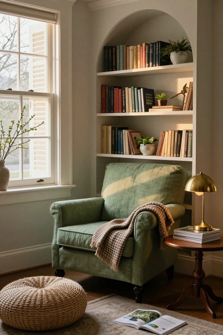 Green armchair with plaid throw beside arched bookshelf and sunlit window.