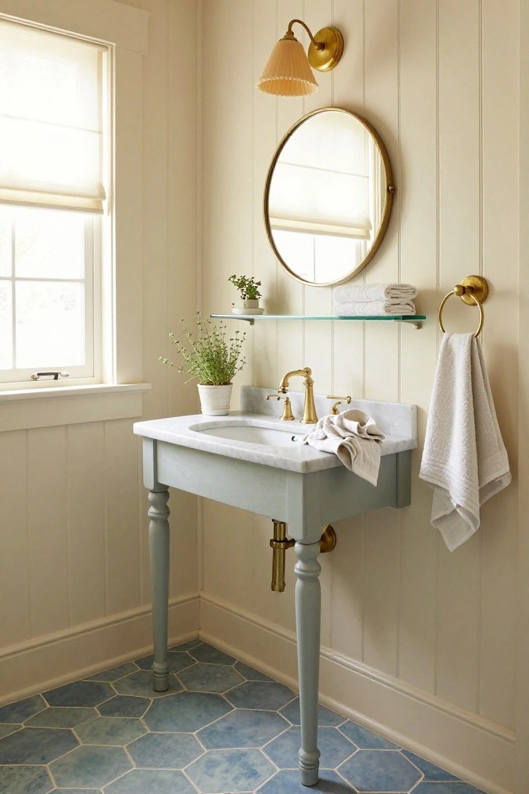 Small bathroom with creamy shiplap walls, gray pedestal sink on legs, brass faucet and hardware, round mirror above a shelf with plant and towels, and blue hexagonal floor tiles.