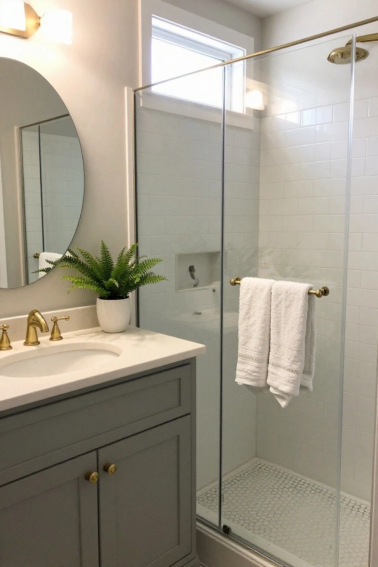 A small bathroom with a gray shaker-style vanity, white quartz sink, brass faucet, round mirror, potted fern, and clear glass shower enclosure featuring white subway tile walls, brass showerhead, and towel bar.