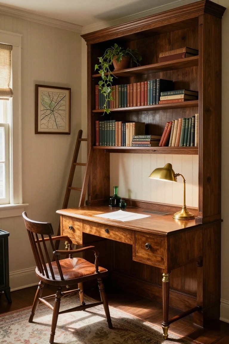 Tall wooden bookcase with integrated desk, wooden chair, brass desk lamp, ladder, books, green glass bottle, and potted ivy in a light beige room.