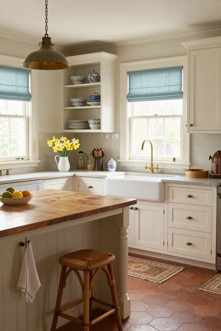 Kitchen featuring white shaker cabinets, wooden-topped island with rattan stool, white farmhouse sink with brass faucet, open shelves displaying blue and white china, yellow daffodils, and hexagonal terracotta tile floor.