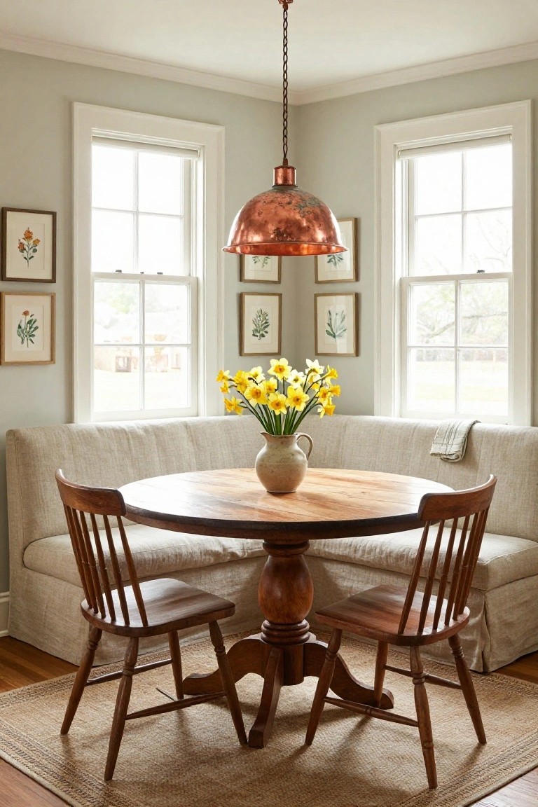 Round wooden dining table with yellow daffodils, copper pendant, and wooden chairs.