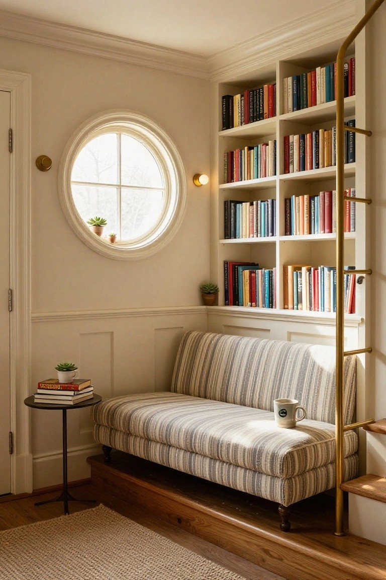 Corner interior with tall white bookshelves filled with colorful books, gold ladder, beige striped bench seat on raised wood platform under round window with plants, small round table holding stacked books and mug, neutral walls and wood floor.