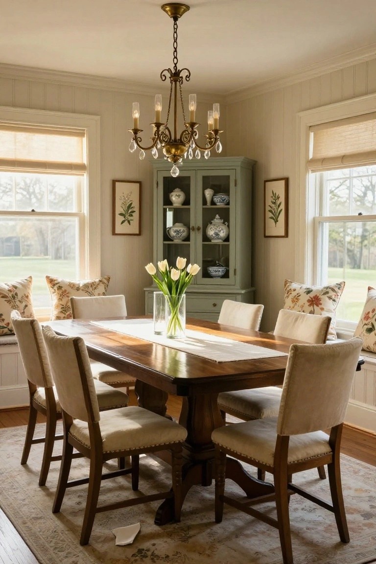Sunlit colonial dining room with wooden table, beige upholstered chairs, built-in banquette window seat, green cabinet with china, white tulips in vase, brass chandelier, and beige Roman shades on corner windows.