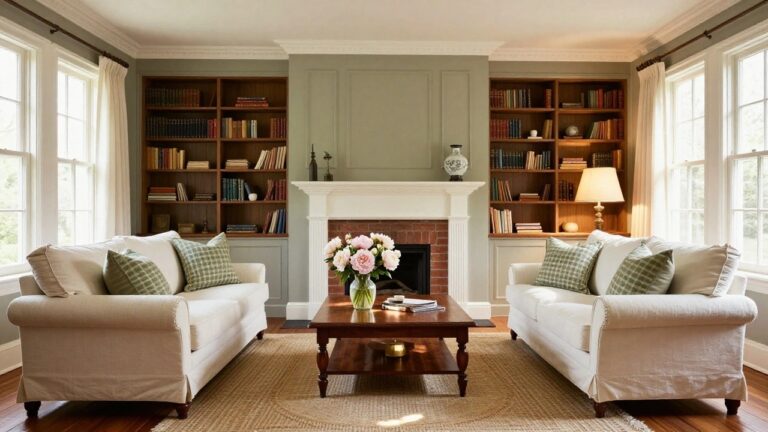 Colonial living room with white mantel over brick fireplace flanked by built-in bookshelves, pale green paneled wall, multiple pink peony arrangements on mantel coffee table and shelves, white slipcovered sofas, wooden coffee table, seagrass rug, and hardwood floors.