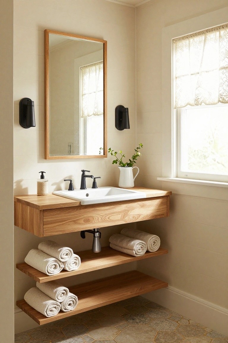 Bathroom with floating oak wood vanity and white sink, open shelves holding stacked white towels below, oak-framed mirror, black wall sconces, potted plant, and window with sheer curtains over hexagonal floor tiles.