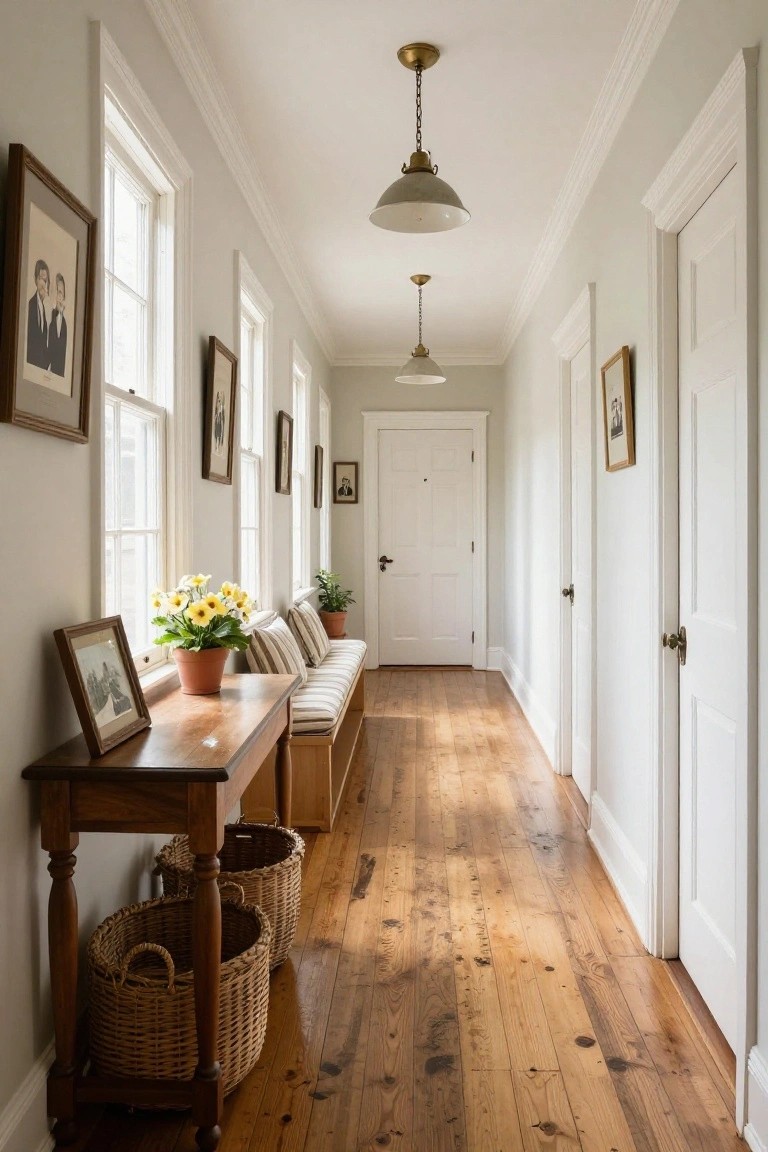 Long narrow interior hallway with light gray walls, wide-plank wooden floors, large windows on one side, white paneled doors, a wooden bench with striped cushions and pillows, console table with potted yellow flowers and wicker baskets.