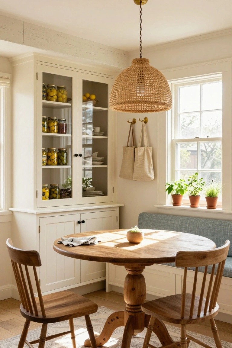 Sunlit kitchen corner with white glass-front cabinets displaying jars of lemons and vegetables, rattan pendant light, round wooden pedestal table with two ladderback chairs, blue banquette seating, and potted plants on the windowsill.