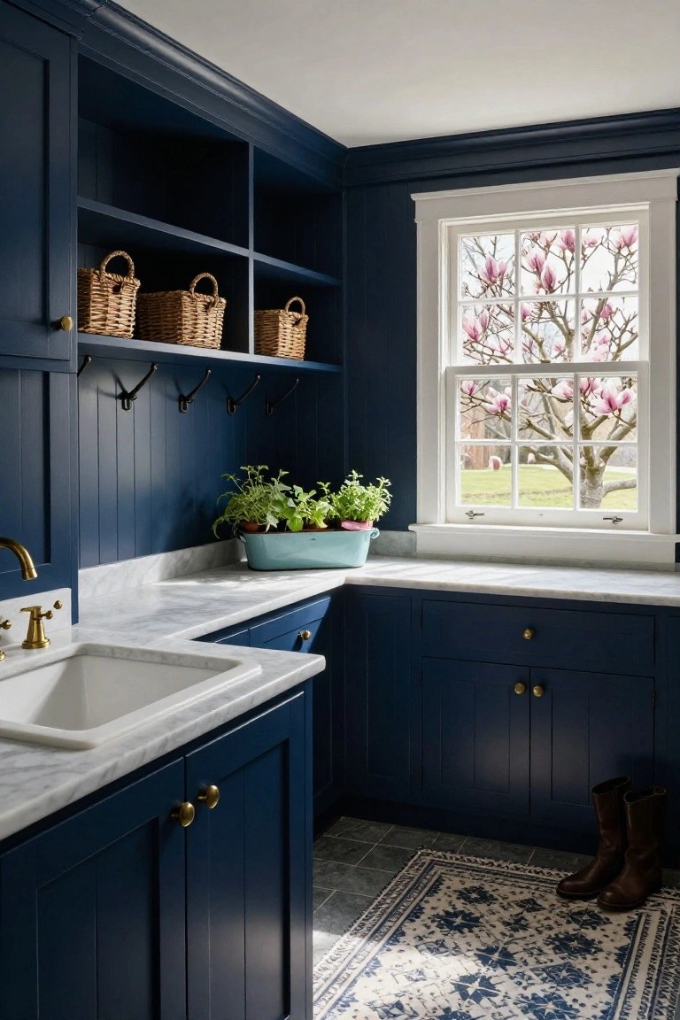 Corner view of a navy blue painted laundry or mudroom with wood-paneled walls, white-trimmed window overlooking a tree and yard, marble countertop sink, brass faucet, wicker baskets on shelves, potted herbs, hooks, and tall boots on a blue and white rug.