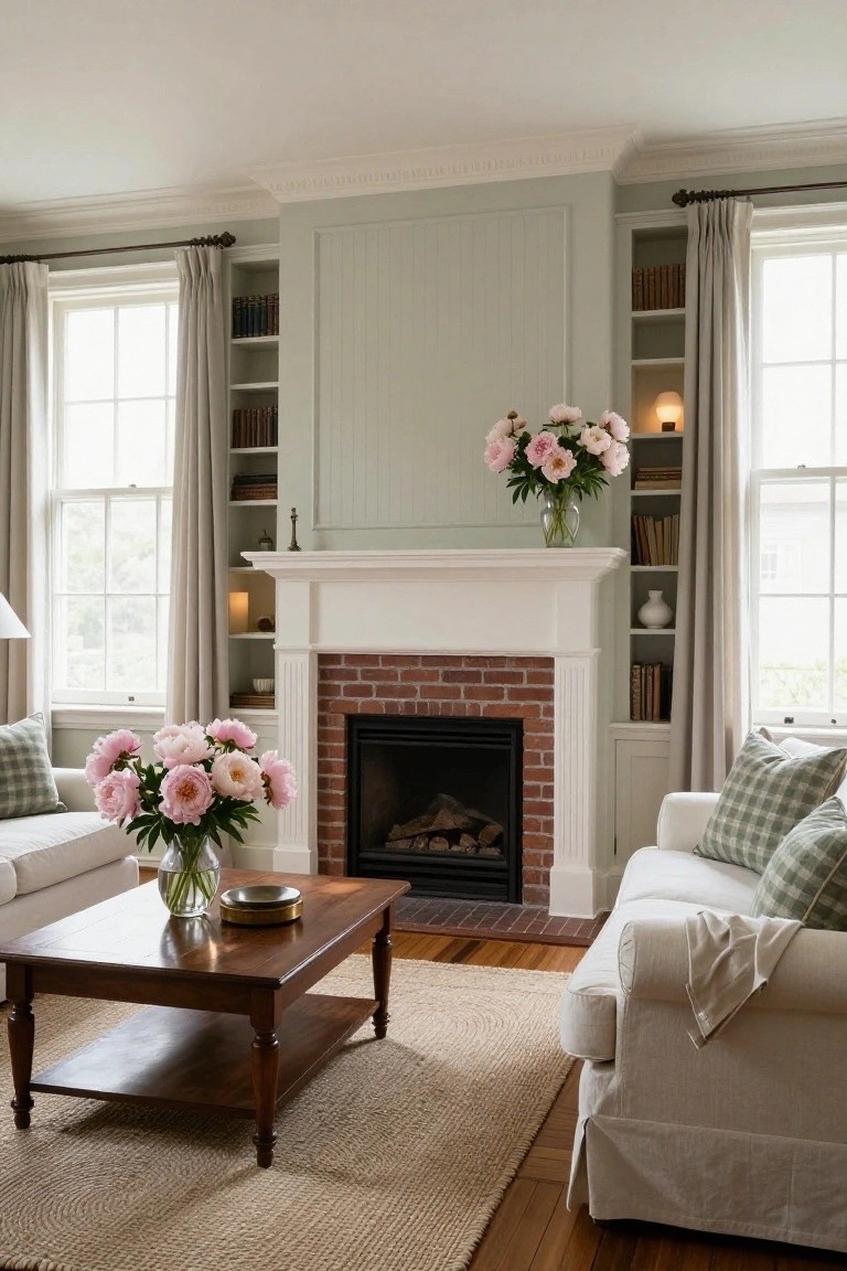 Colonial living room with white mantel over brick fireplace flanked by built-in bookshelves, pale green paneled wall, multiple pink peony arrangements on mantel coffee table and shelves, white slipcovered sofas, wooden coffee table, seagrass rug, and hardwood floors.