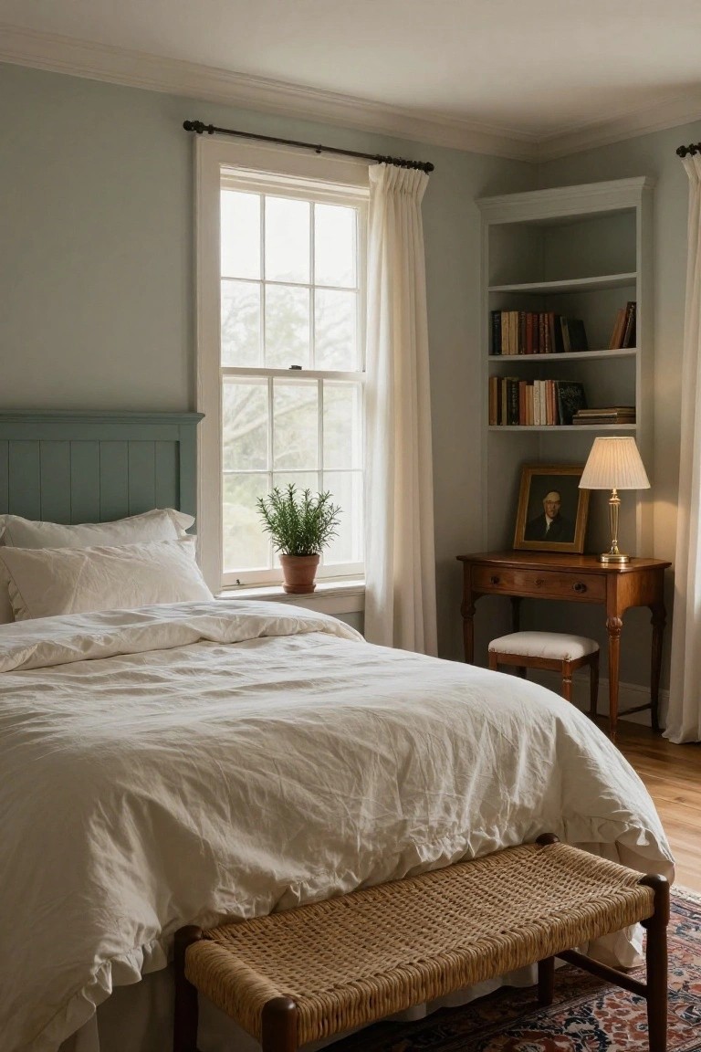 Bedroom interior featuring a sage green painted wood headboard with white linen bedding, a wooden desk with brass lamp and portrait, built-in bookshelves, potted rosemary on the windowsill, and sheer curtains over a large window.