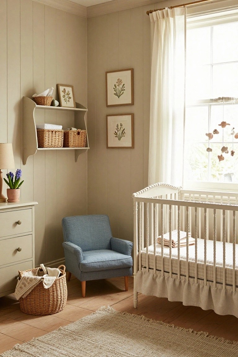 A nursery corner with light beige shiplap walls, white spindle crib with bedding, blue armchair, wicker baskets and shelves, botanical prints, and a window with sheer curtains.