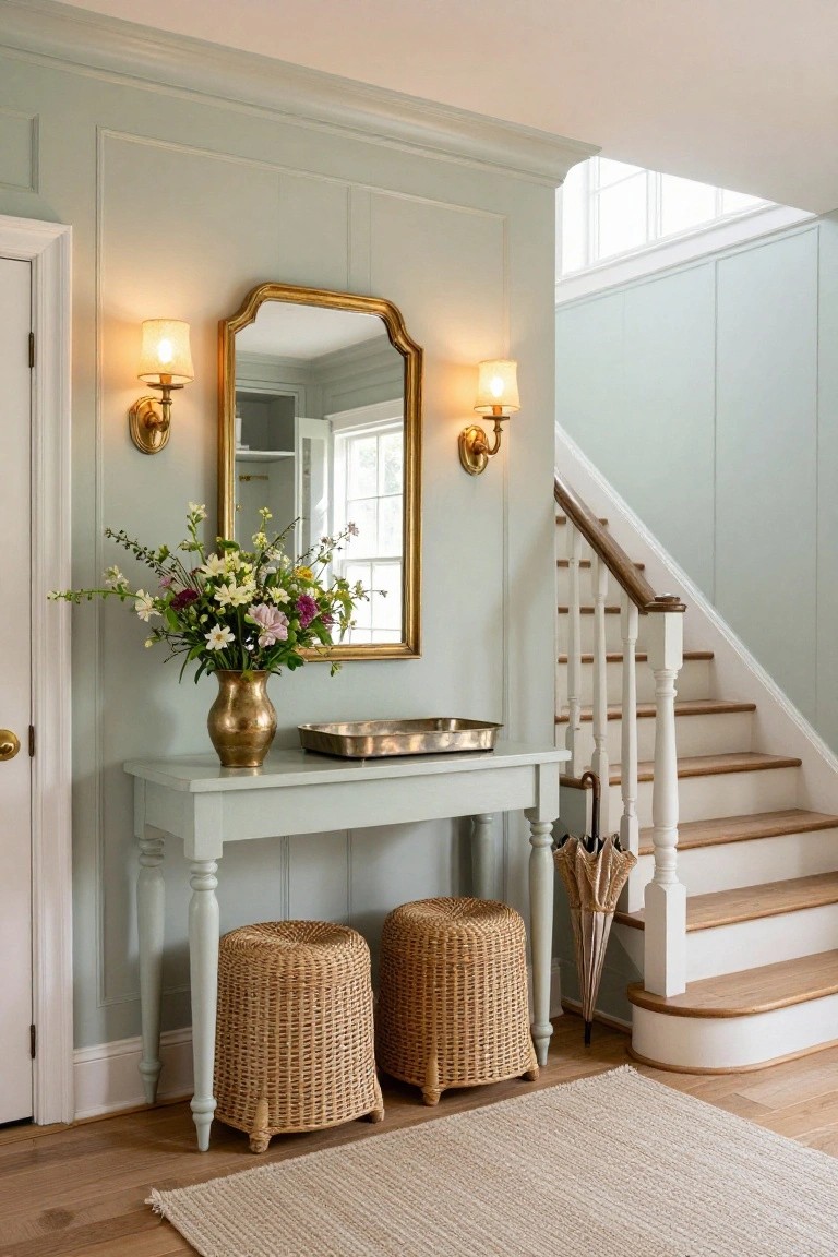 Pale green paneled entryway with white console table holding brass tray and flower vase, gold arched mirror and sconces on wall, two wicker stools, umbrella stand, and adjacent white stairs on hardwood floor.