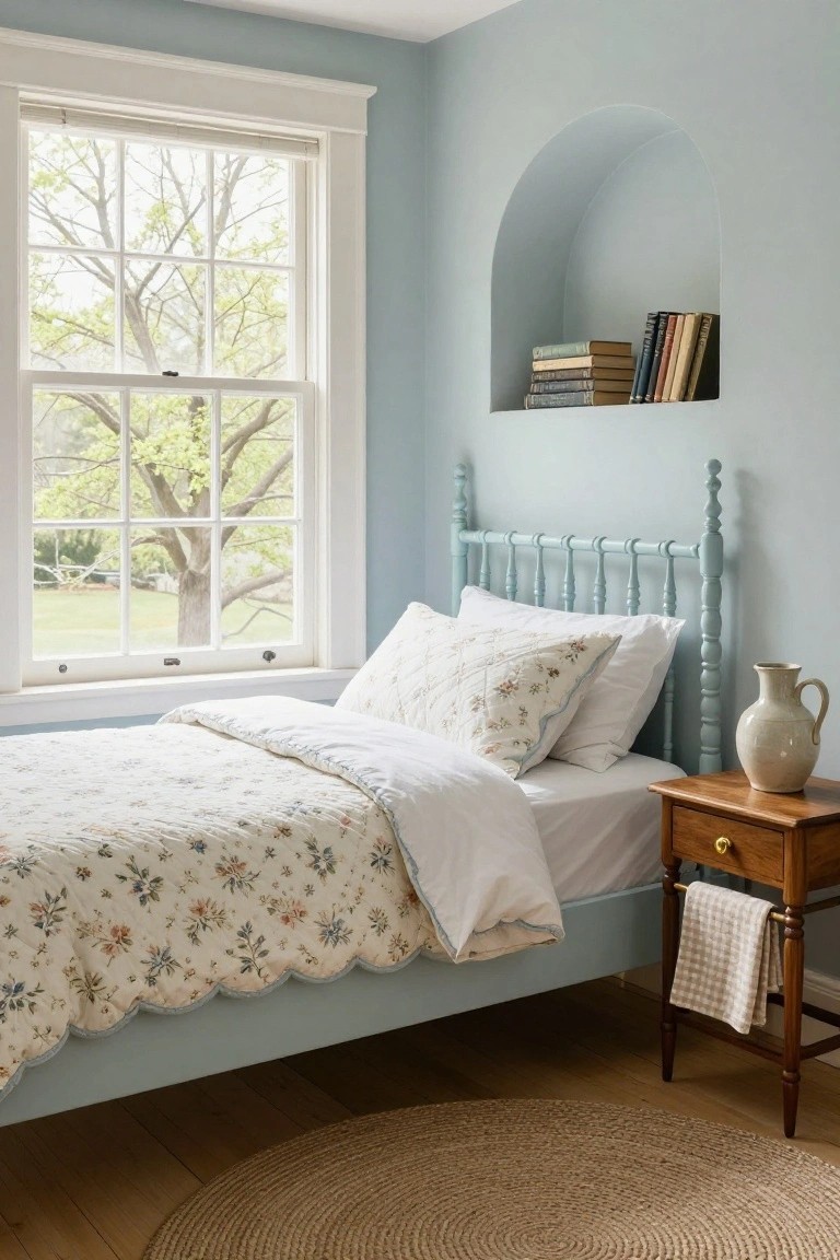 Light blue painted spindle bed frame with white bedding and floral quilt in a pale blue bedroom, wooden nightstand holding a jug and towel, arched niche with stacked books, large multi-pane window showing trees and lawn outside, seagrass rug on wood floor.