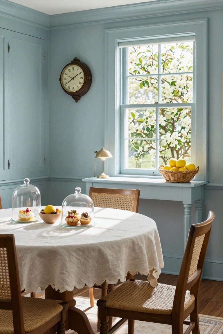 Pale blue colonial dining room with round table draped in white lace cloth, glass domes over fruits and pastries, rattan chairs, wall clock, desk with lamp and basket of lemons by window with white flowering branches outside.
