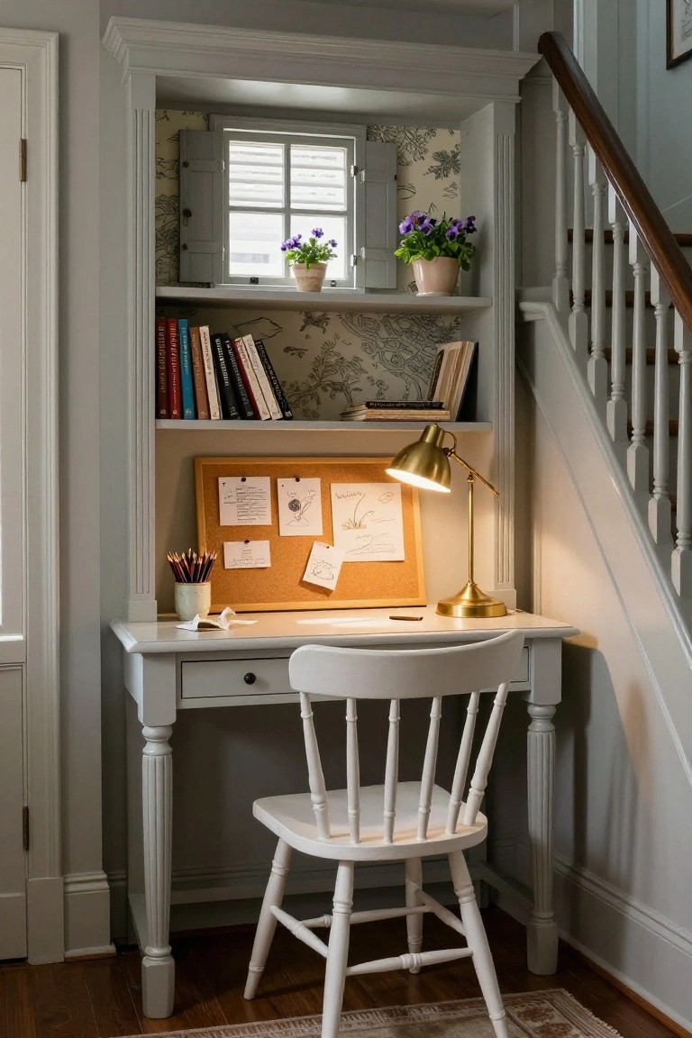 Built-in open shelving and white desk with wooden chair under wooden stairs in a gray-walled nook, featuring books, plants, corkboard with papers, gold desk lamp, and small shuttered window.