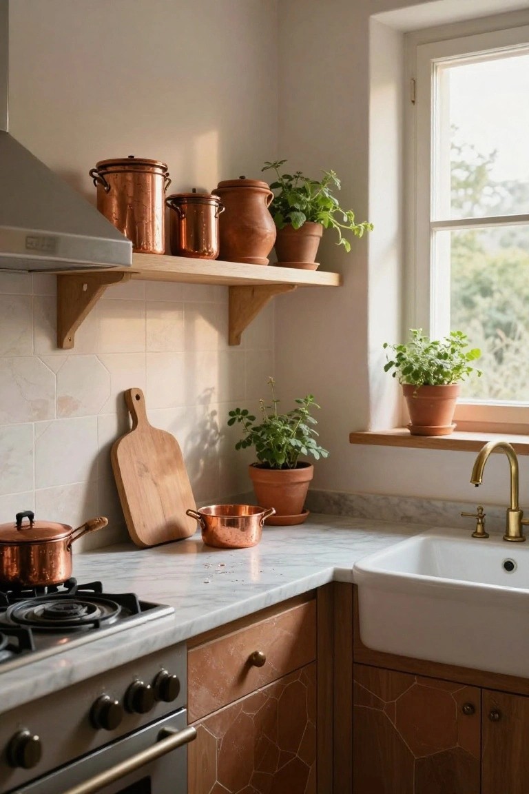 Corner of a kitchen with wooden open shelves holding copper pots and terracotta planters with herbs, white tiled walls, marble countertop, gas stove, and white farmhouse sink by a window.
