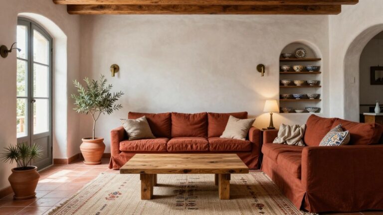 A Mediterranean-style living room with white adobe walls and exposed wood beam ceiling, featuring a terracotta-tiled fireplace, red slipcovered sofa, wooden coffee table with terracotta pots, olive tree, and patterned rug on terracotta floor tiles.