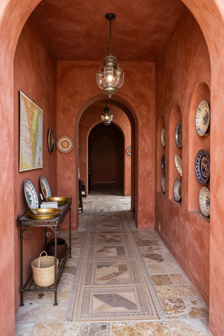 Narrow arched interior hallway with terracotta stucco walls, niches displaying assorted blue and white ceramic plates, hanging glass lanterns, brass console table with baskets and bowls, and mosaic runner rug on stone tile floor.