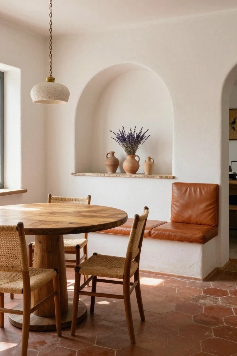 White-walled interior dining area with hexagonal terracotta floor tiles, round wooden table surrounded by rattan chairs, built-in bench with tan leather cushion, and arched niche shelf holding terracotta pots and lavender stems.