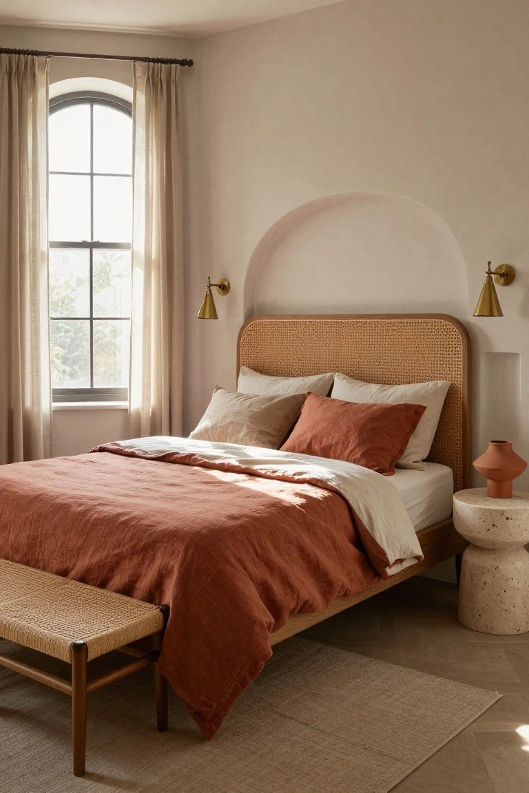 Sunlit bedroom with rattan headboard in arched niche flanked by brass sconces, terracotta linen duvet and pillows on bed, sheer curtains on tall window, woven bench at foot, and terracotta vase on stone pedestal table.