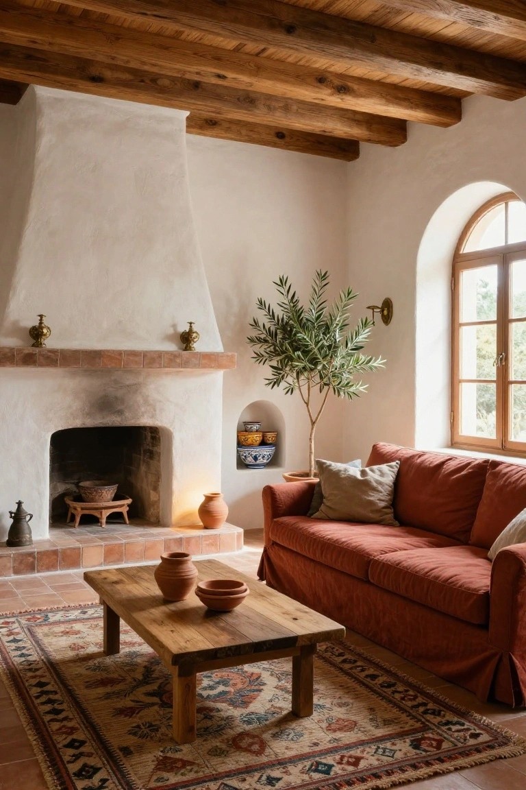 A Mediterranean-style living room with white adobe walls and exposed wood beam ceiling, featuring a terracotta-tiled fireplace, red slipcovered sofa, wooden coffee table with terracotta pots, olive tree, and patterned rug on terracotta floor tiles.