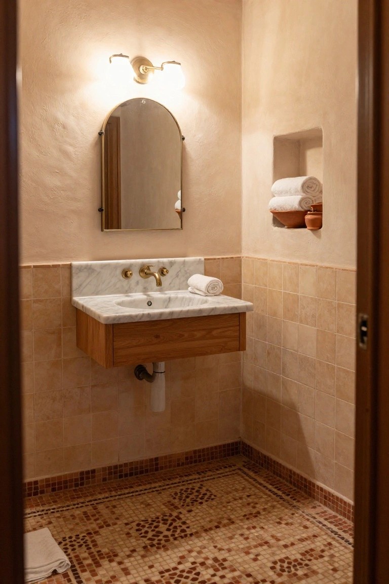 View from doorway into a small bathroom with terracotta mosaic floor tiles, wall-mounted marble sink with gold faucet, arched mirror, beige tiled walls, wood cabinet, and towel niche.