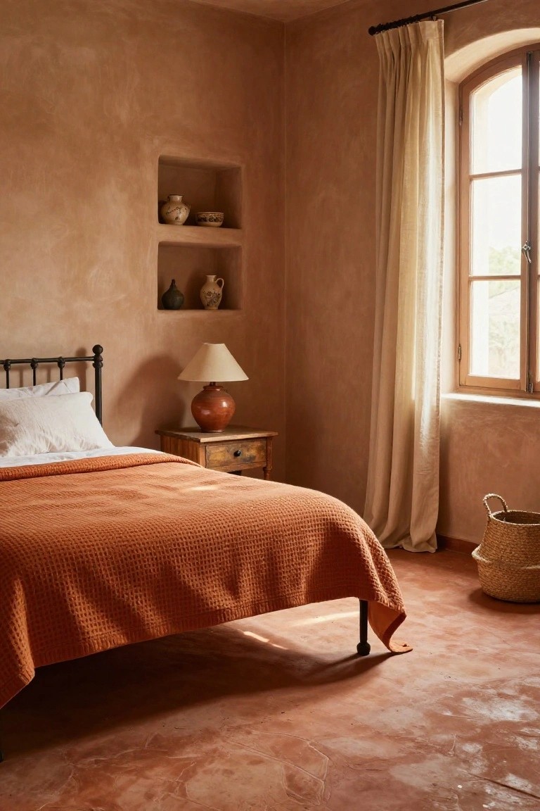 Bedroom interior with terracotta plaster walls and floor, black iron bed with white pillows and orange quilt, wooden nightstand with terracotta lamp, pottery in wall niches, and arched window with white curtains.